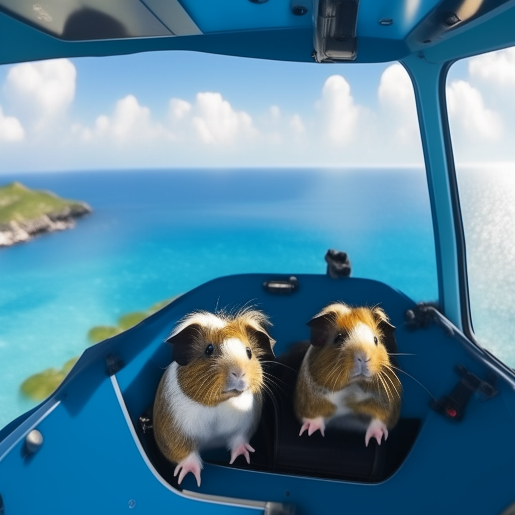 two guinea pigs sitting in the cockpit of a small airplane looking out the window down at a tropical island surrounded by blue water below them