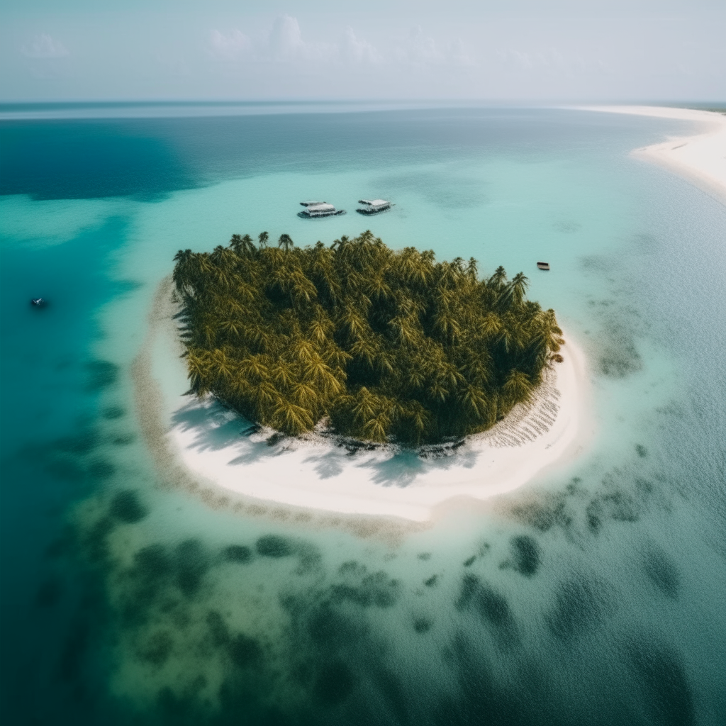aerial view centered on a small tropical island with white sand beaches and palm trees, surrounded by light blue water
