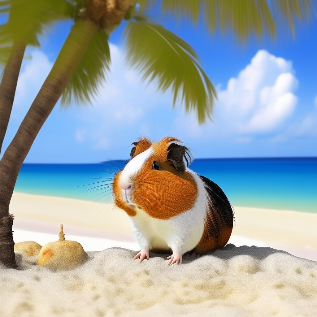 a guinea pig with brown fur standing under a palm tree on a tropical island beach with blue water and white sand