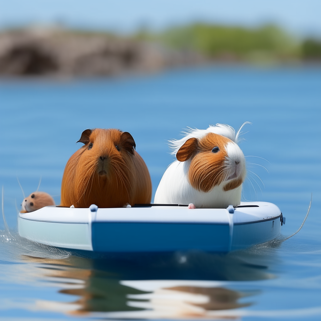 two guinea pigs with brown fur paddling through blue water towards a white motorboat in the distance two guinea pigs swimming desperately towards a white motorboat just out of reach