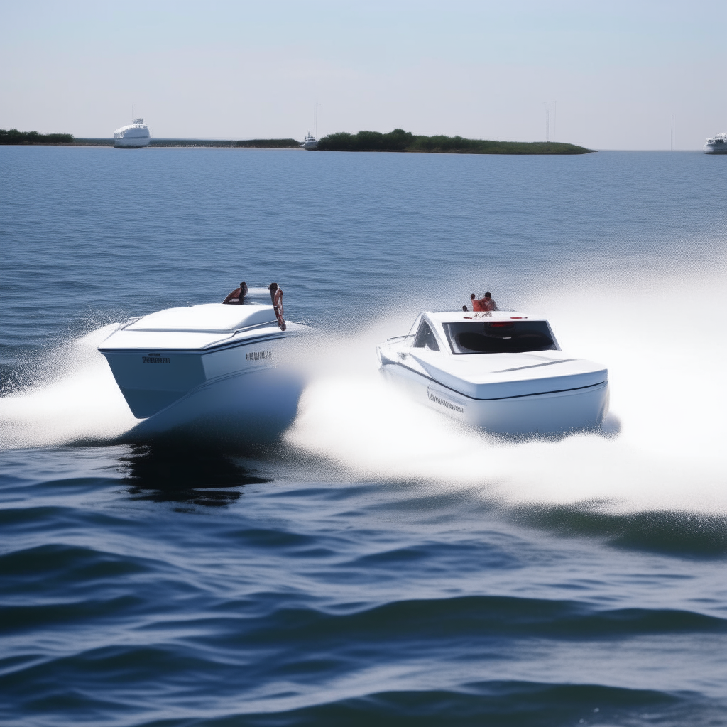 a white motorboat tied with a rope to the rear of a speeding powerboat leaving a wake as it moves through blue water a white motorboat being towed behind a fast moving powerboat