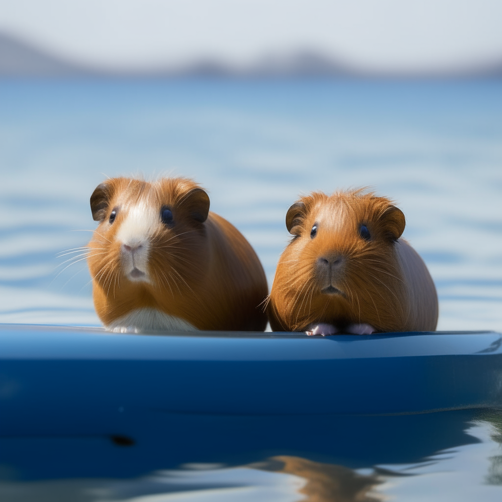 two brown guinea pigs peeking over the side of a fast moving powerboat leaving a wake in the blue water