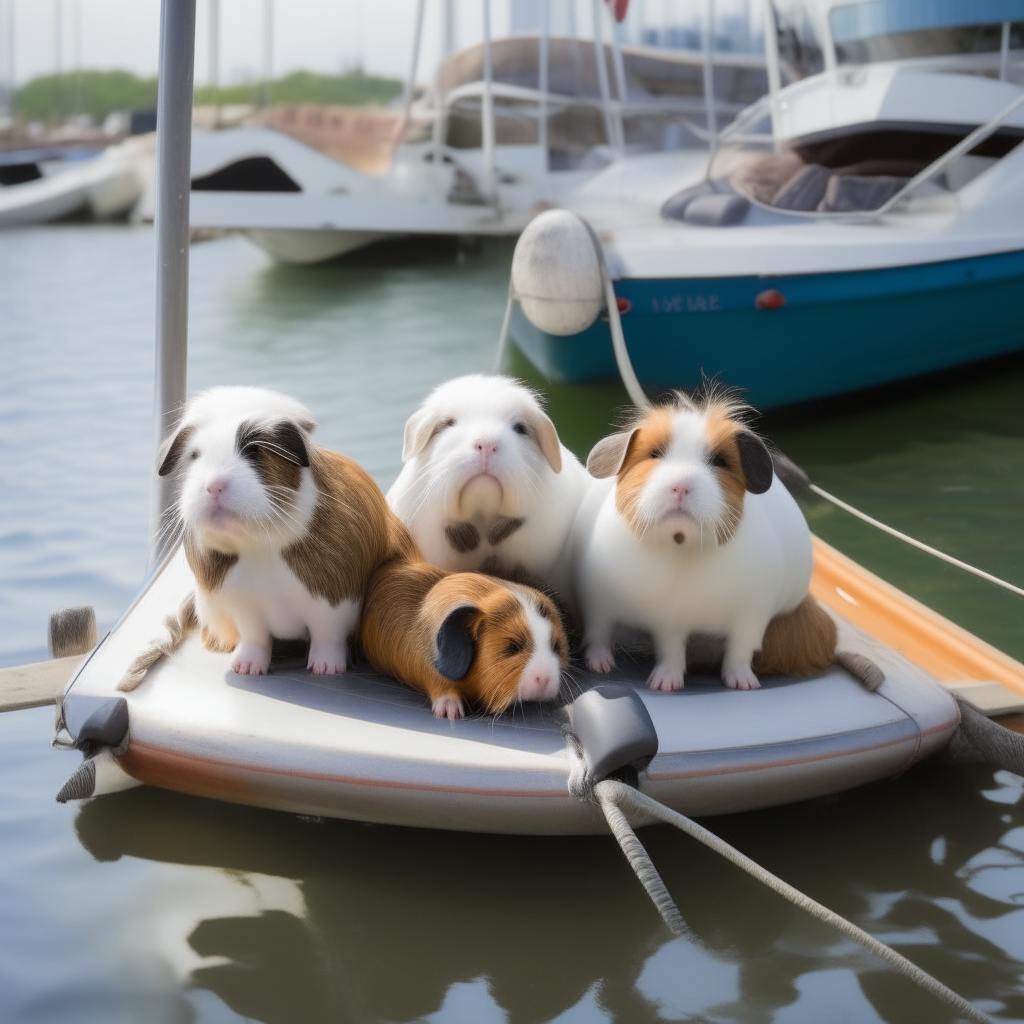 a white speed boat with two guinea pigs aboard tied to a pier next to other boats