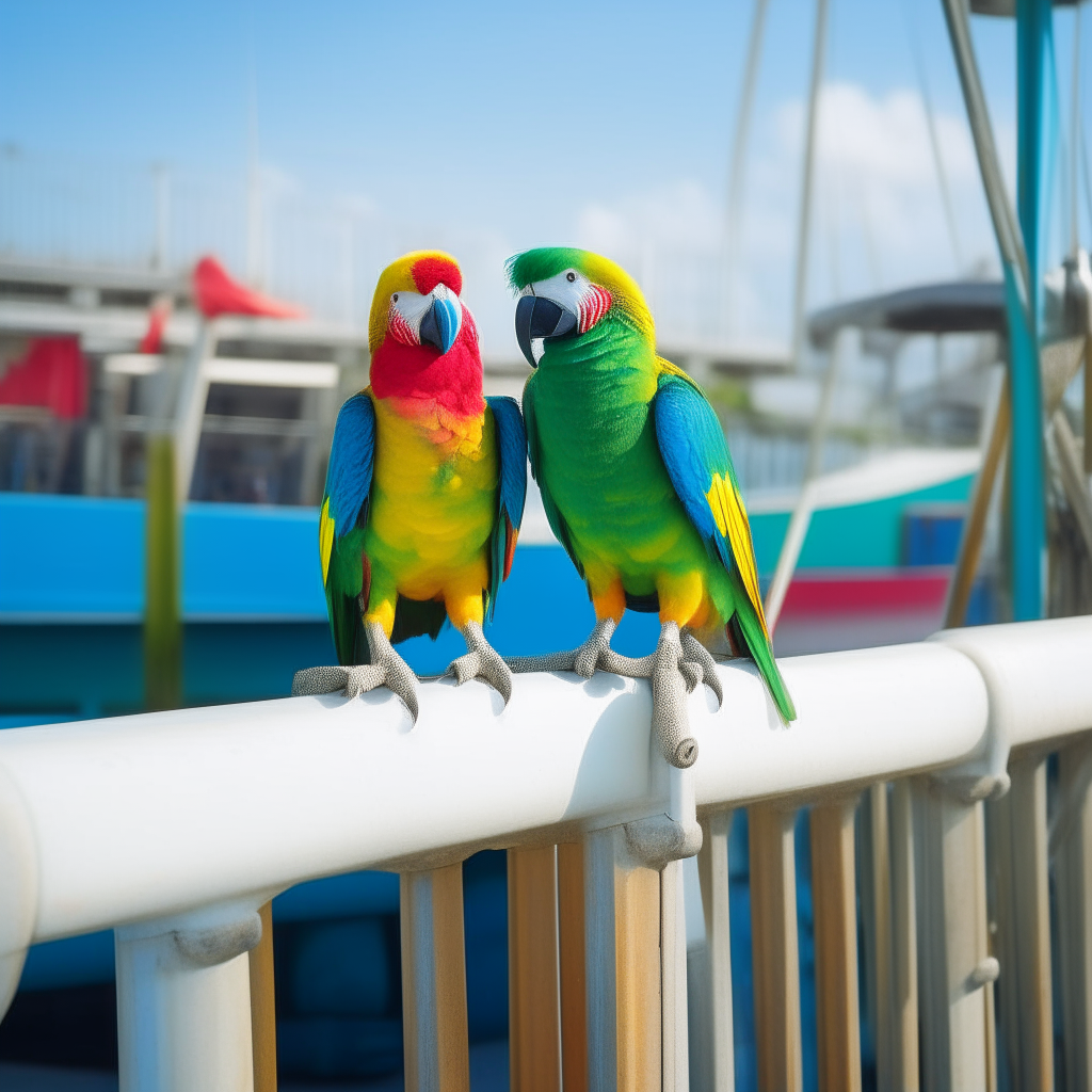 two brightly colored parrots perched on the railing of a white speed boat tied to a pier with land and buildings in the background