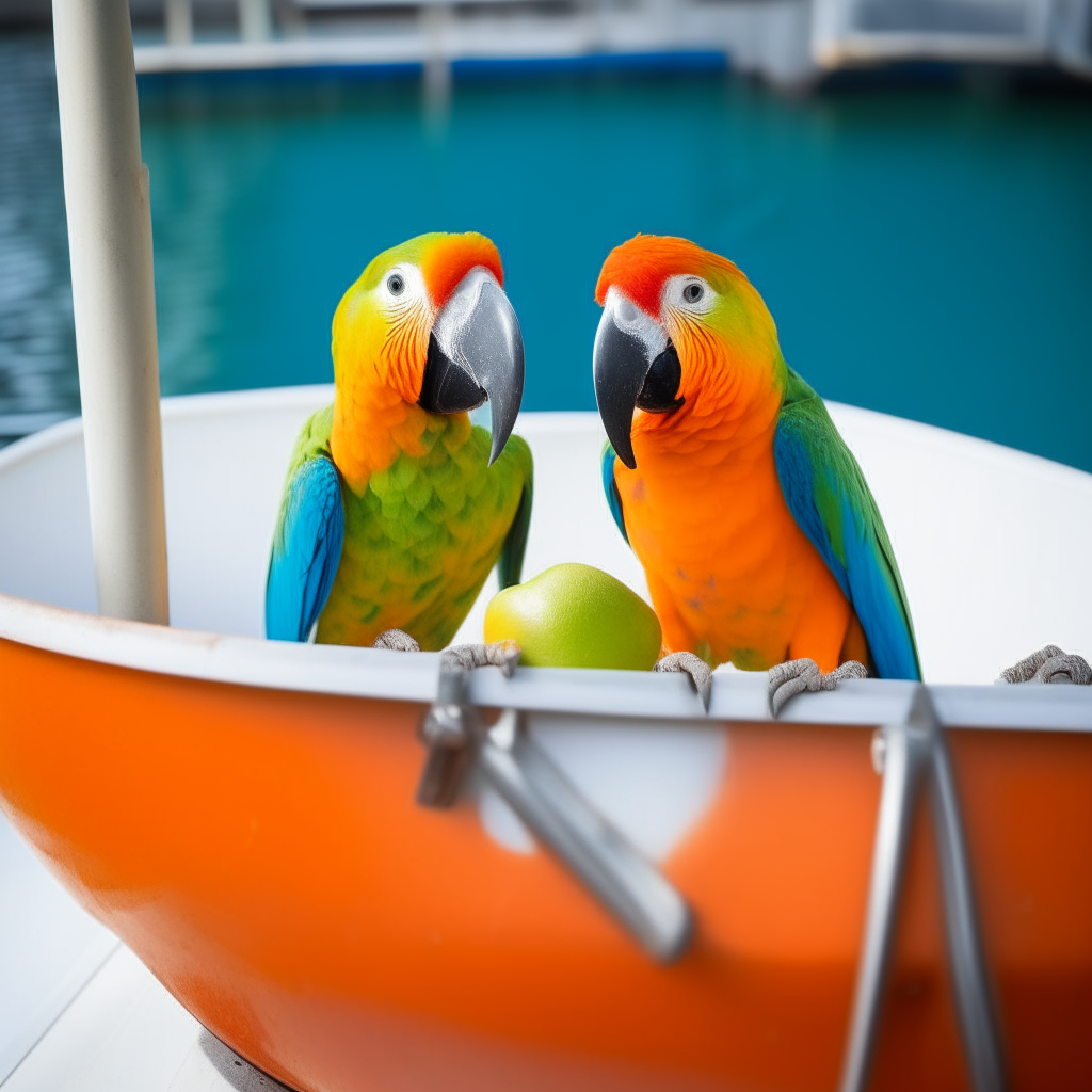 two brightly colored parrots on a white boat eating slices of orange