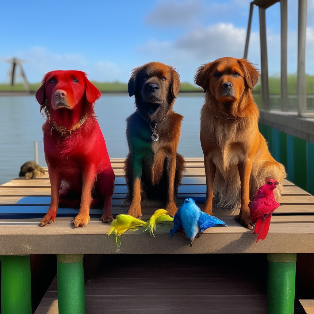 two dogs, two guinea pigs and a parrot with red, blue and green feathers standing together on a boat dock a black labrador and golden retriever mix standing next to two brown guinea pigs and a red, blue and green parrot on a wooden dock by the water