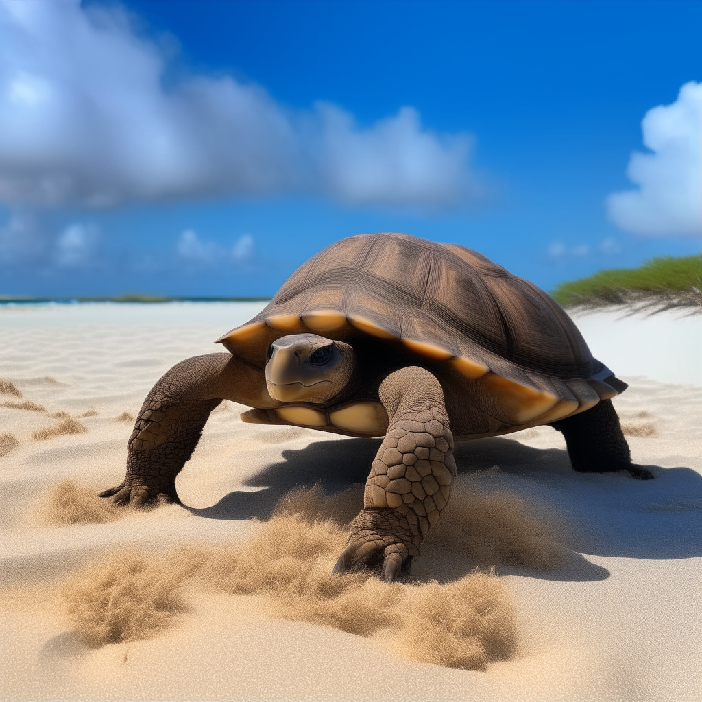 A large tortoise with a speckled brown shell slowly walking on white sand under a bright blue sky