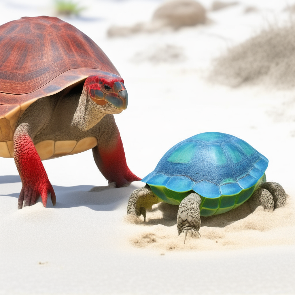 a red, blue and green parrot standing on white sand next to a large tortoise with a speckled brown shell
