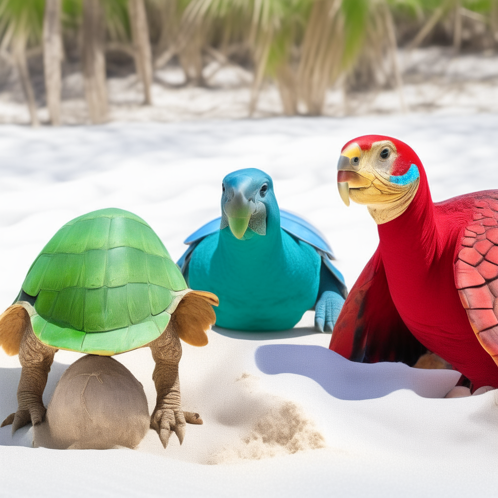 three brightly colored parrots with red, green and blue feathers standing on white sand next to a large tortoise with a brown speckled shell