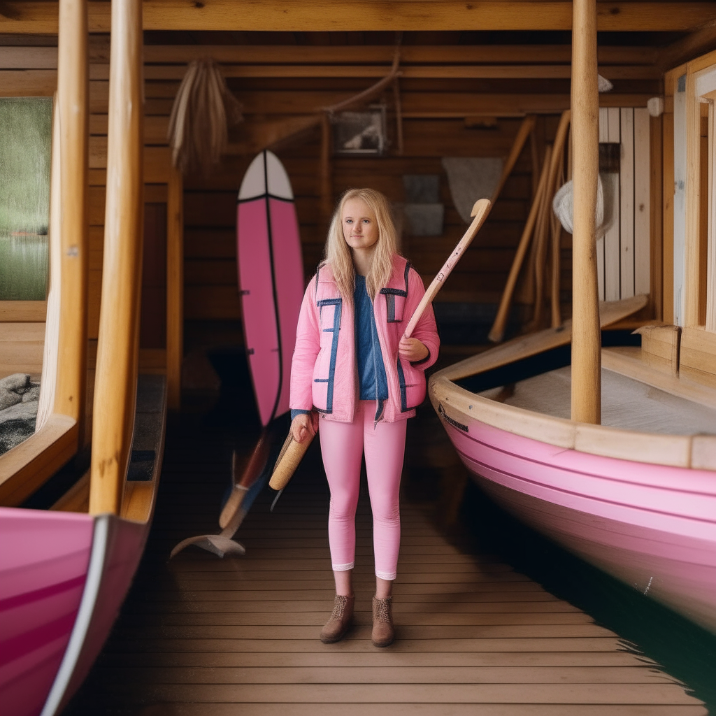 a young girl with blonde hair wearing pink trousers standing inside a small wooden boathouse with oars, life jackets and a motorboat