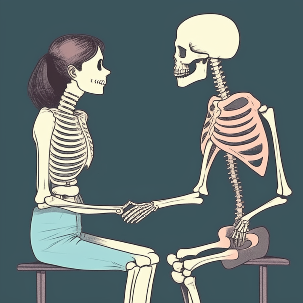 The girl and skeleton facing each other, engaged in conversation