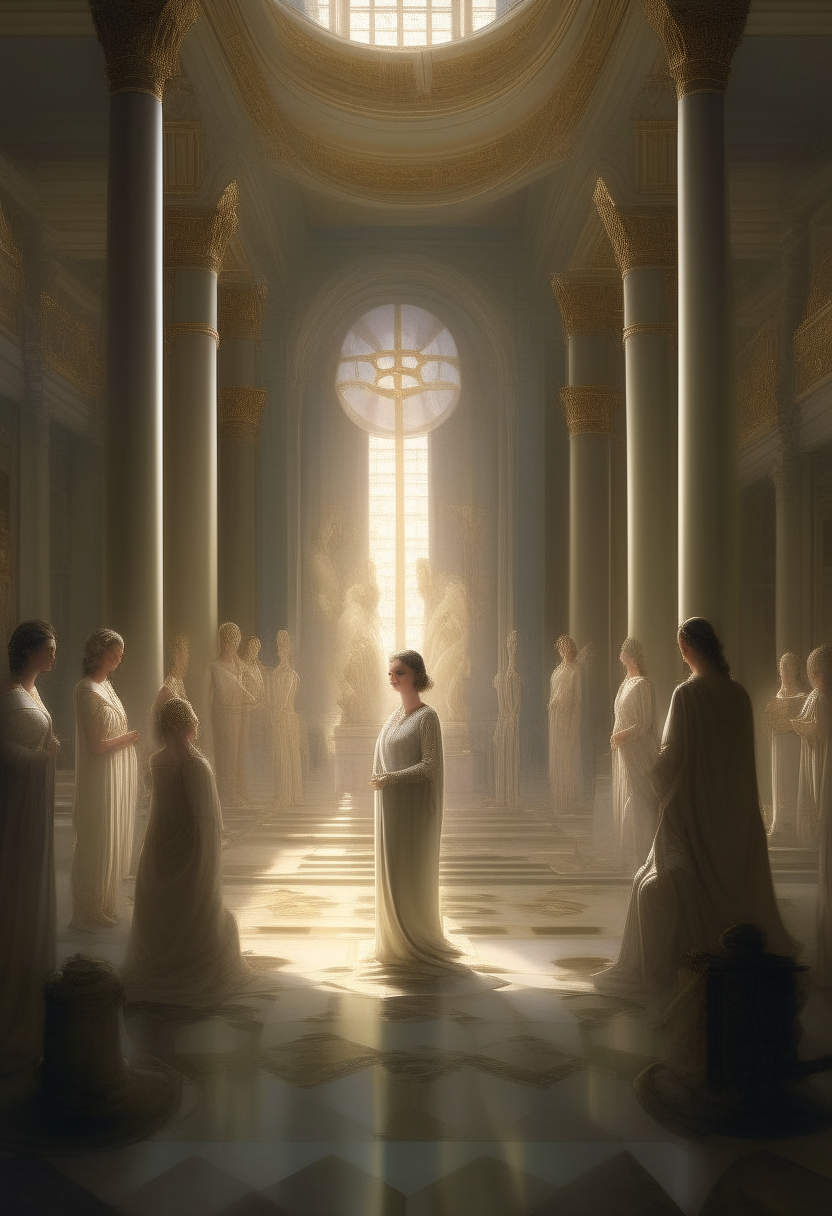 A group of ethereal figures gaze upon a radiant woman in a grand hall, depicted in a classical style The figures are surrounded by columns and hold attributes of power, while maintaining a respectful distance from the woman at the center, who returns their gaze with poise and grace