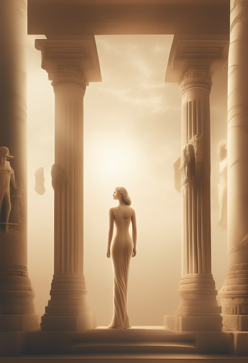 A radiant woman stands surrounded by columns, returning the gaze of an otherworldly male figure who admires her grace and poise from afar