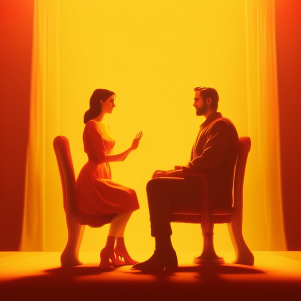 a woman kneeling before a seated man on a throne, with warm yellow and red tones, in a soft retro style, 8K