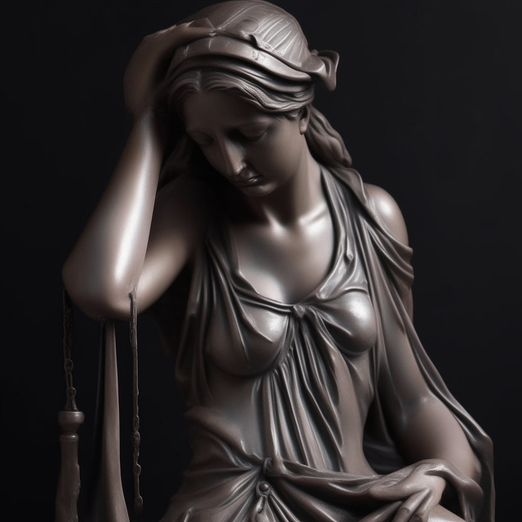 Lady Justice statue weeping without a blindfold, photorealistic