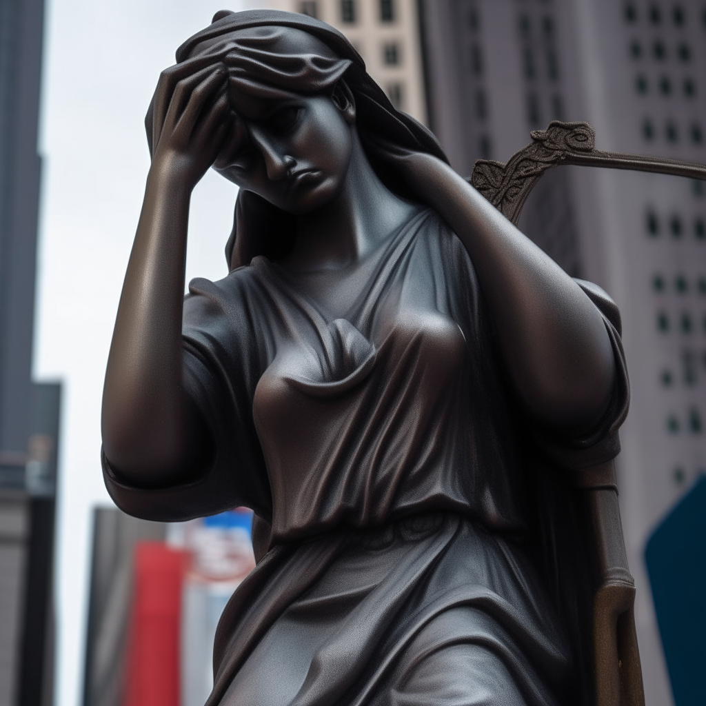 Lady Justice statue weeping without a blindfold in Times Square, photorealistic