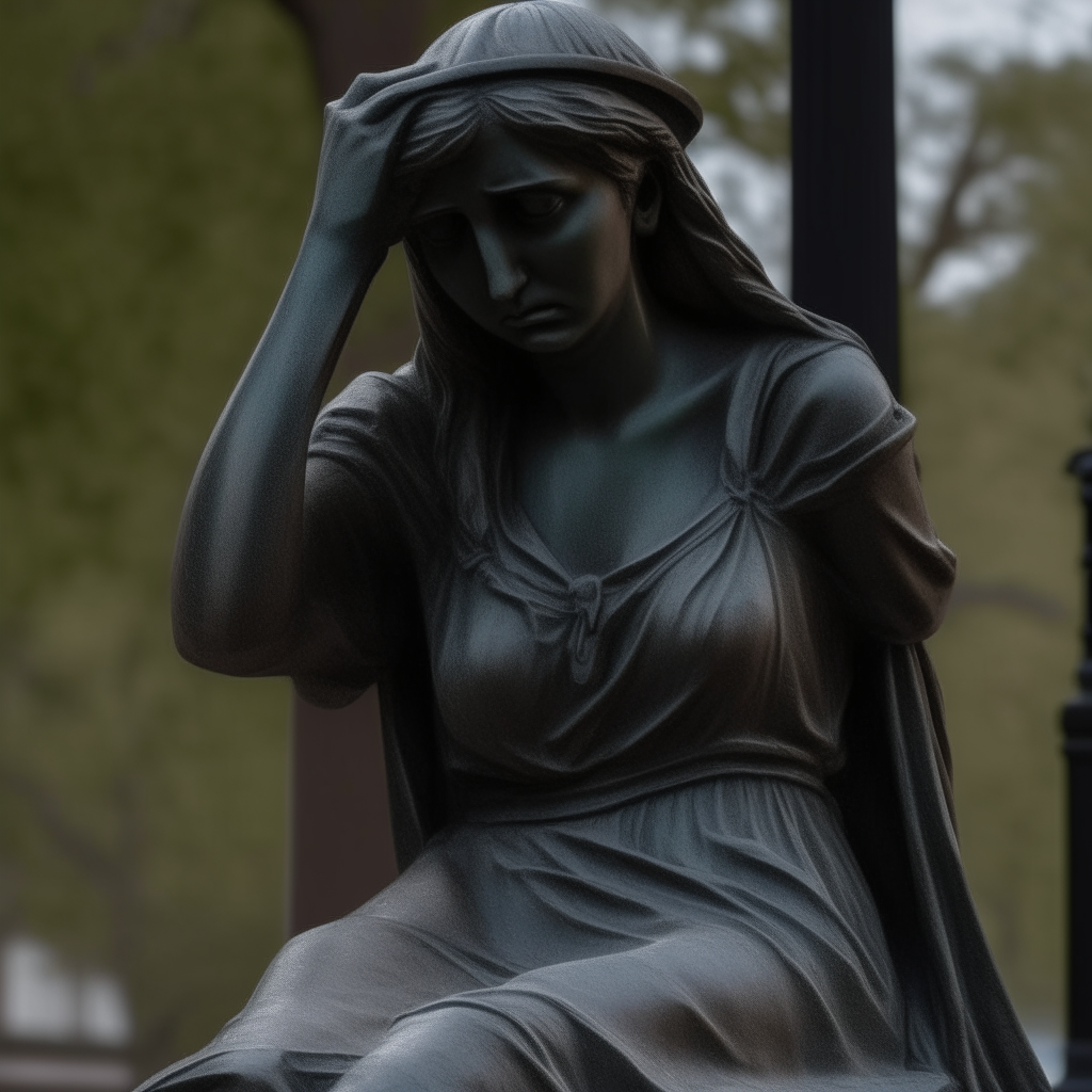 Lady Justice statue weeping without a blindfold in Central Park, photorealistic