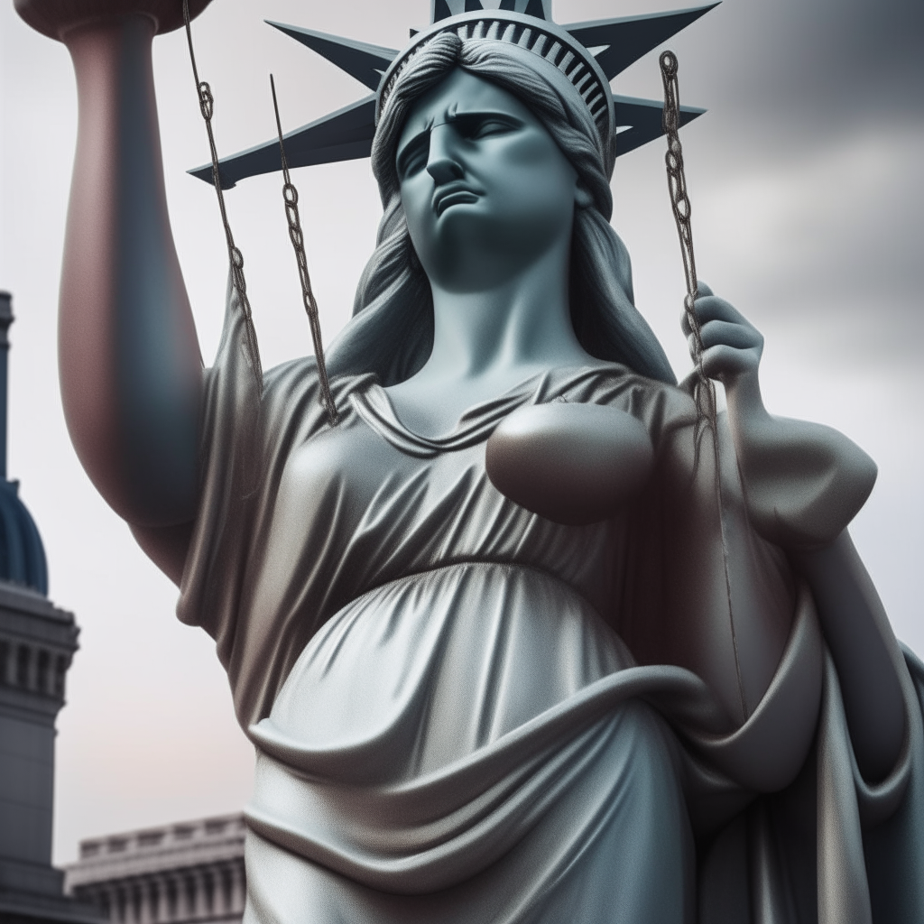 Lady Justice statue weeping without a blindfold near the Statue of Liberty, photorealistic