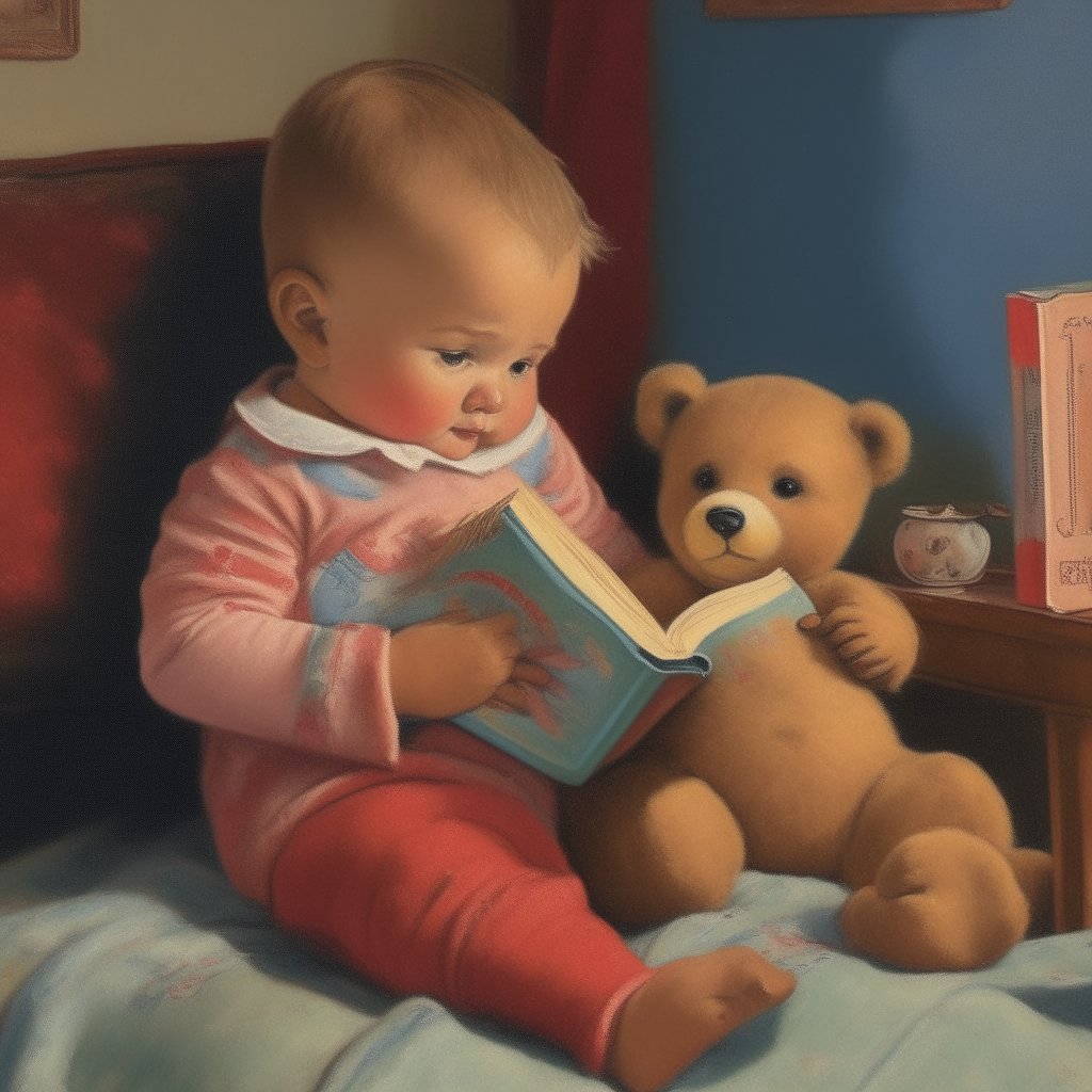 a painting of a baby and teddy bear reading a storybook together