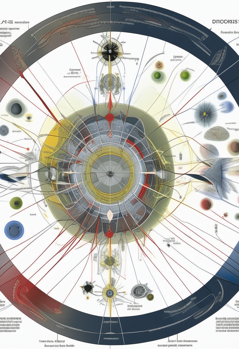 An intricate and detailed diagram of forces, showcasing the interplay of various scientific and philosophical concepts. The diagram features a central circle with multiple spokes, each representing a different force or element. The primary forces, such as gravity, electromagnetism, and strong and weak nuclear forces, are depicted as larger spokes. Smaller spokes branch off from these, representing sub-forces and interactions. The background is an abstract blend of colors, symbolizing the interconnectedness and harmony of these forces in the universe.