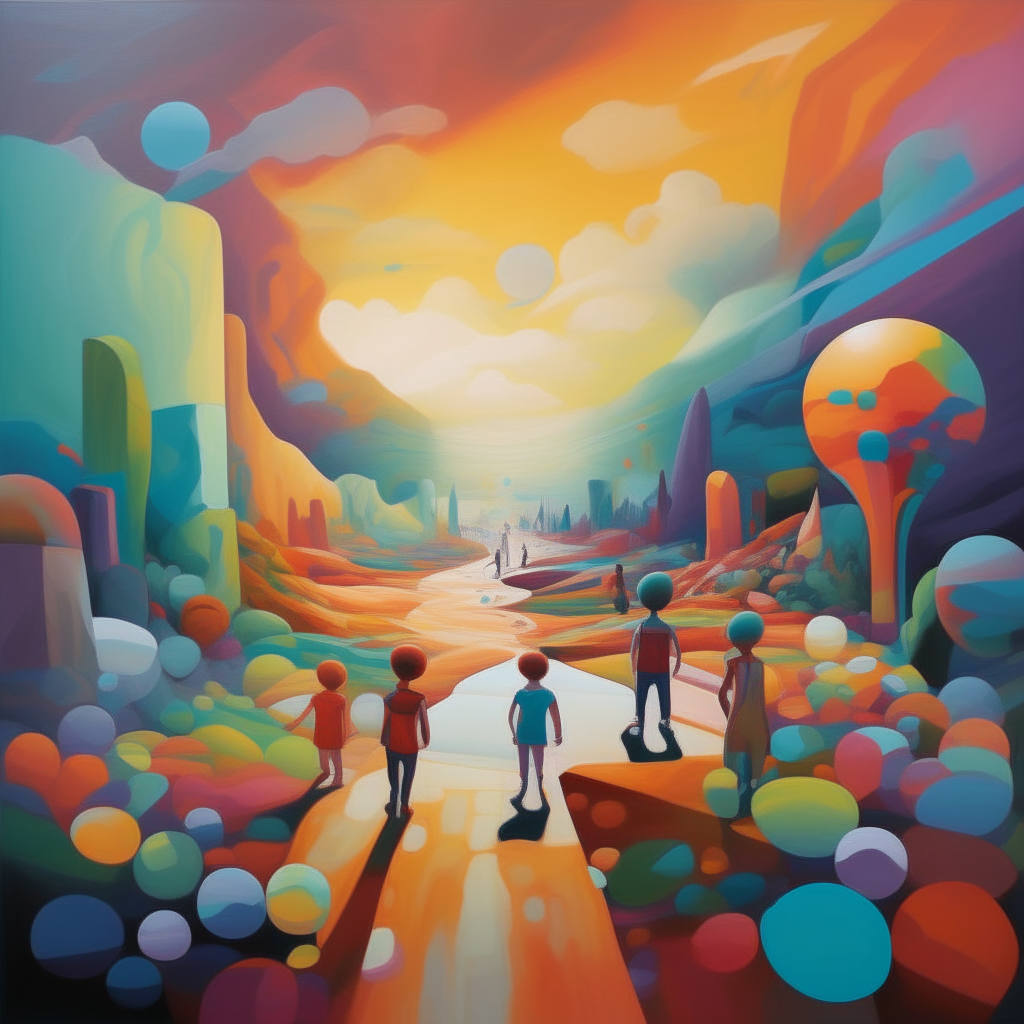 A dreamlike landscape depicting how education and community can guide youth toward bright futures Surreal painting of children emerging from colorful abstract shapes into a world of opportunity