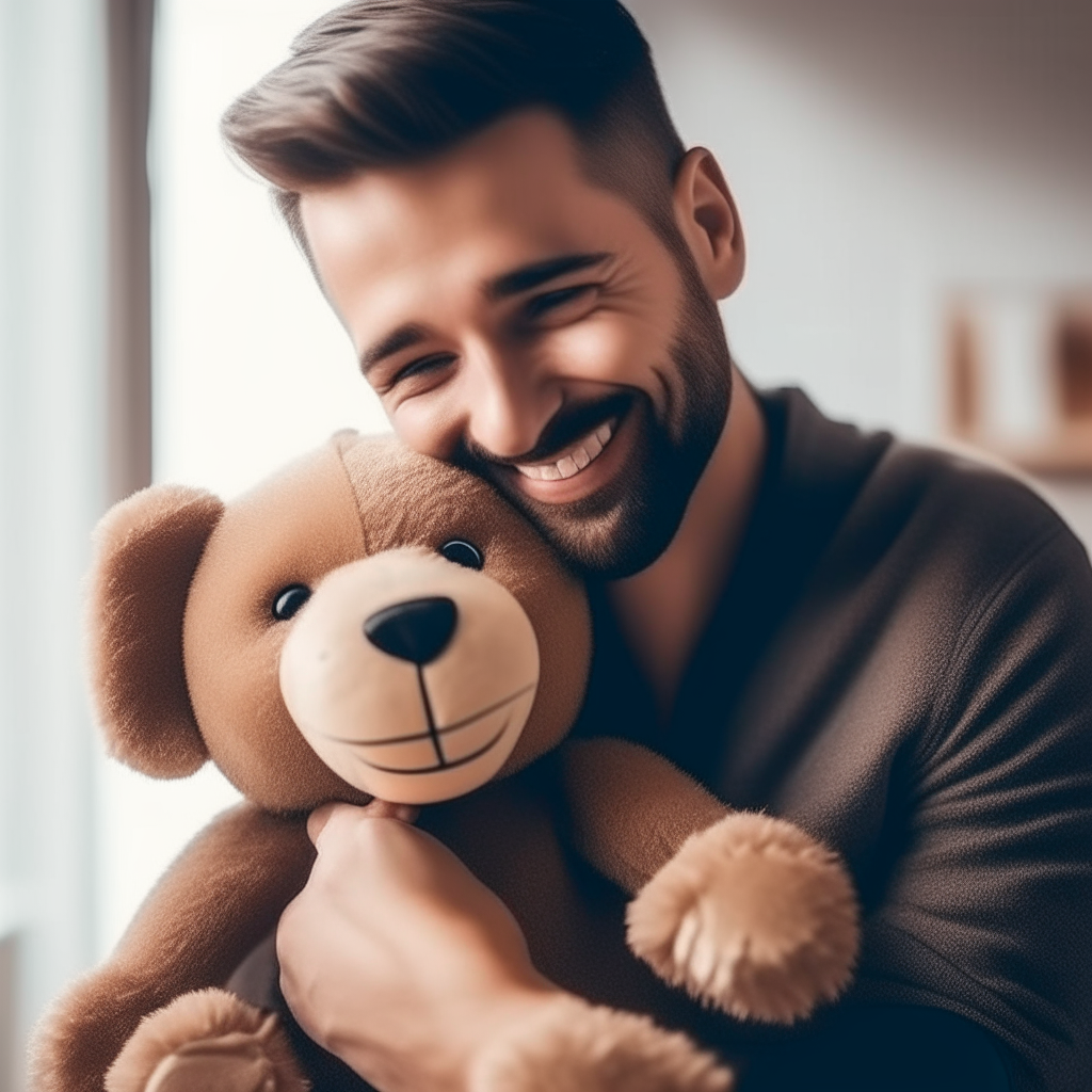 A smiling man giving his teddy bear a hug, at peace with his caring side