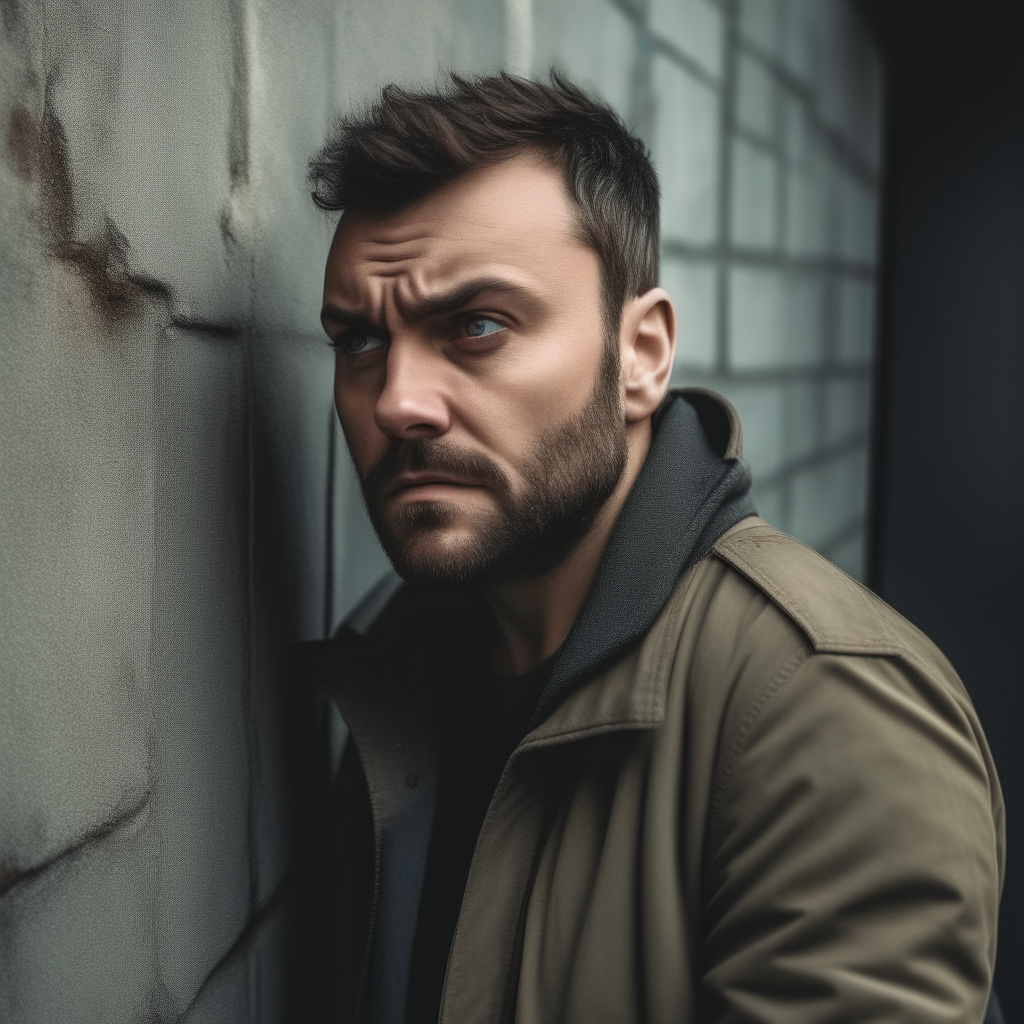 A man leaning against a wall trying to look tough, but you can see the vulnerability in his eyes