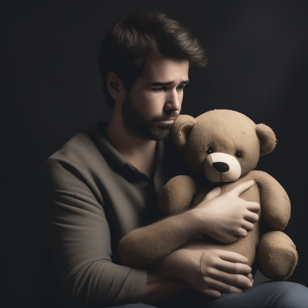A 'tough' man sitting alone hugging a teddy bear, with a gentle expression on his face
