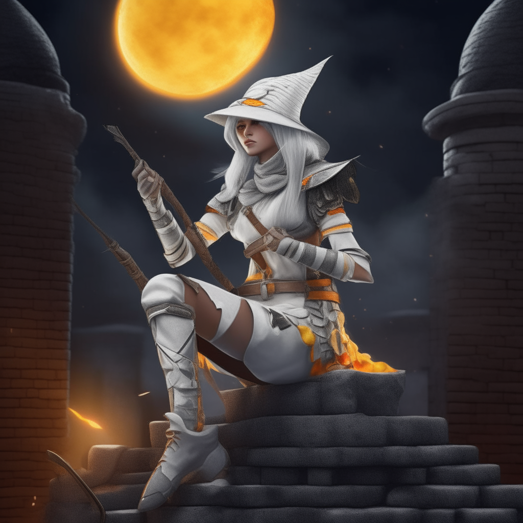 Dystopian and eerie landscape of Dis Topia with moonlight and smoke. Low perspective. A female warrior sits on a pile of bricks.   She wore a complex and natural-looking set of white and silver armor.  Including orange and yellow highlights.   The character shapes are sharp and detailed.  with a mysterious hat covering her head   She is armed with a bow.   She is sitting on a pile of bricks in a powerful pose.   Add details such as intricate patterns on the armor.