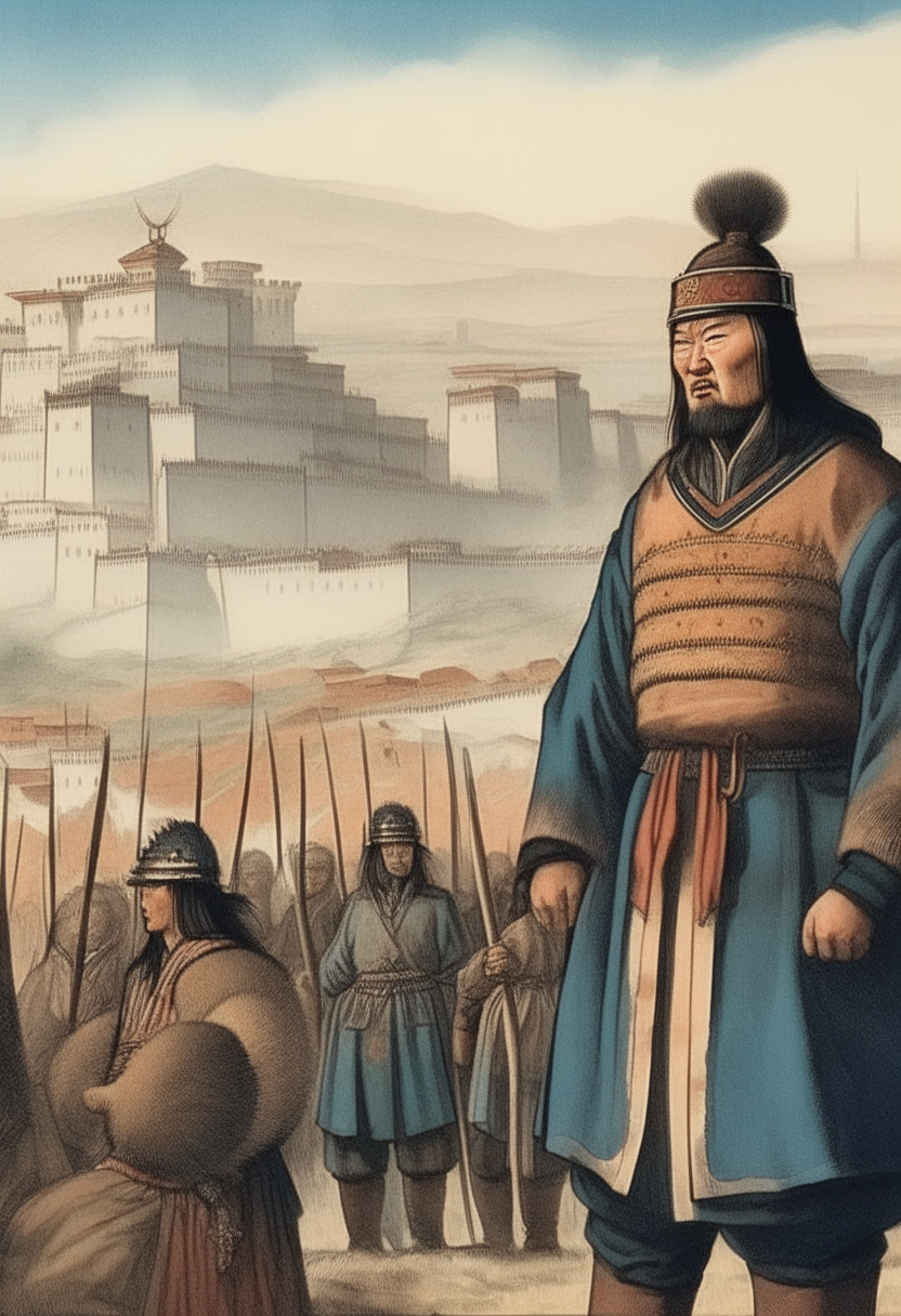 Genghis Khan in traditional Mongolian warrior attire, surveying the fortified city of Valoia with his generals during a siege."