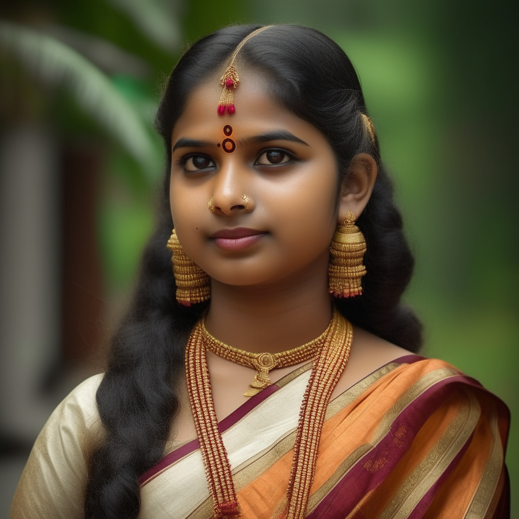 In the picture, you might see a Kerala lady adorned in traditional attire, possibly a saree or a set mundu, intricately woven with vibrant colors and patterns. She might be wearing traditional ornaments such as earrings, necklaces, bangles, and anklets, adding a touch of elegance to her ensemble. Her long hair, probably styled in a traditional braid or adorned , enhances her graceful appearance. With her fair complexion, she embodies the beauty often associated with Kerala's traditional aesthetics.