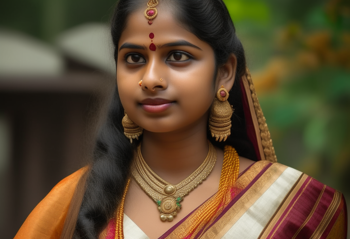 In the picture, you might see a Kerala lady adorned in traditional attire, possibly a saree or a set mundu, intricately woven with vibrant colors and patterns. She might be wearing traditional ornaments such as earrings, necklaces, bangles, and anklets, adding a touch of elegance to her ensemble. Her long hair, probably styled in a traditional braid or adorned , enhances her graceful appearance. With her fair complexion, she embodies the beauty often associated with Kerala's traditional aesthetics.