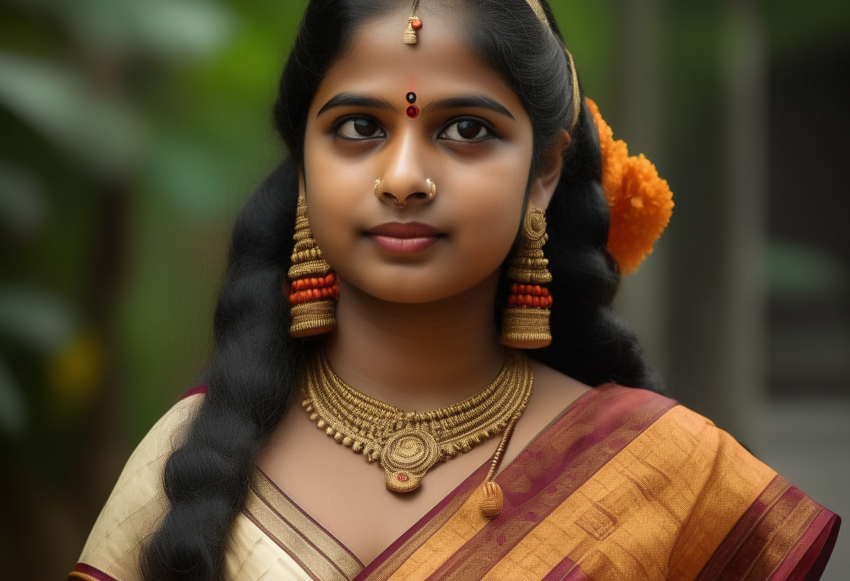 In the picture, you might see a Kerala lady adorned in traditional attire, possibly a saree or a set mundu, intricately woven with vibrant colors and patterns. She might be wearing traditional ornaments such as earrings, necklaces, bangles, and anklets, adding a touch of elegance to her ensemble. Her long hair, probably styled in a traditional braid or adorned , enhances her graceful appearance. With her fair complexion, she embodies the beauty often associated with Kerala's traditional aesthetics with background old villa.