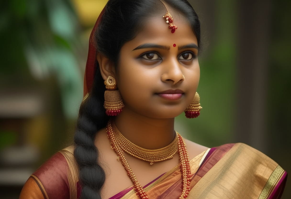 In the picture, you might see a Kerala lady adorned in traditional attire, possibly a saree or a set mundu, intricately woven with vibrant colors and patterns. She might be wearing traditional ornaments such as earrings, necklaces, bangles, and anklets, adding a touch of elegance to her ensemble. Her long hair, probably styled in a traditional braid or adorned , enhances her graceful appearance. With her fair complexion, she embodies the beauty often associated with Kerala's traditional aesthetics and lady on centre of the picture