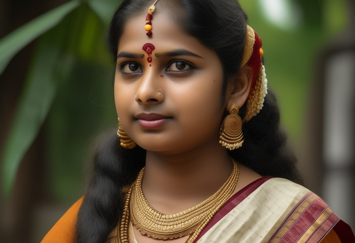 In the picture, you might see a Kerala lady adorned in traditional attire, possibly a saree or a set mundu, intricately woven with vibrant colors and patterns. She might be wearing traditional ornaments such as earrings, necklaces, bangles, and anklets, adding a touch of elegance to her ensemble. Her long hair, probably styled in a traditional braid or adorned, enhances her graceful appearance. With her fair complexion, she embodies the beauty often associated with Kerala's traditional aesthetics and full size picture