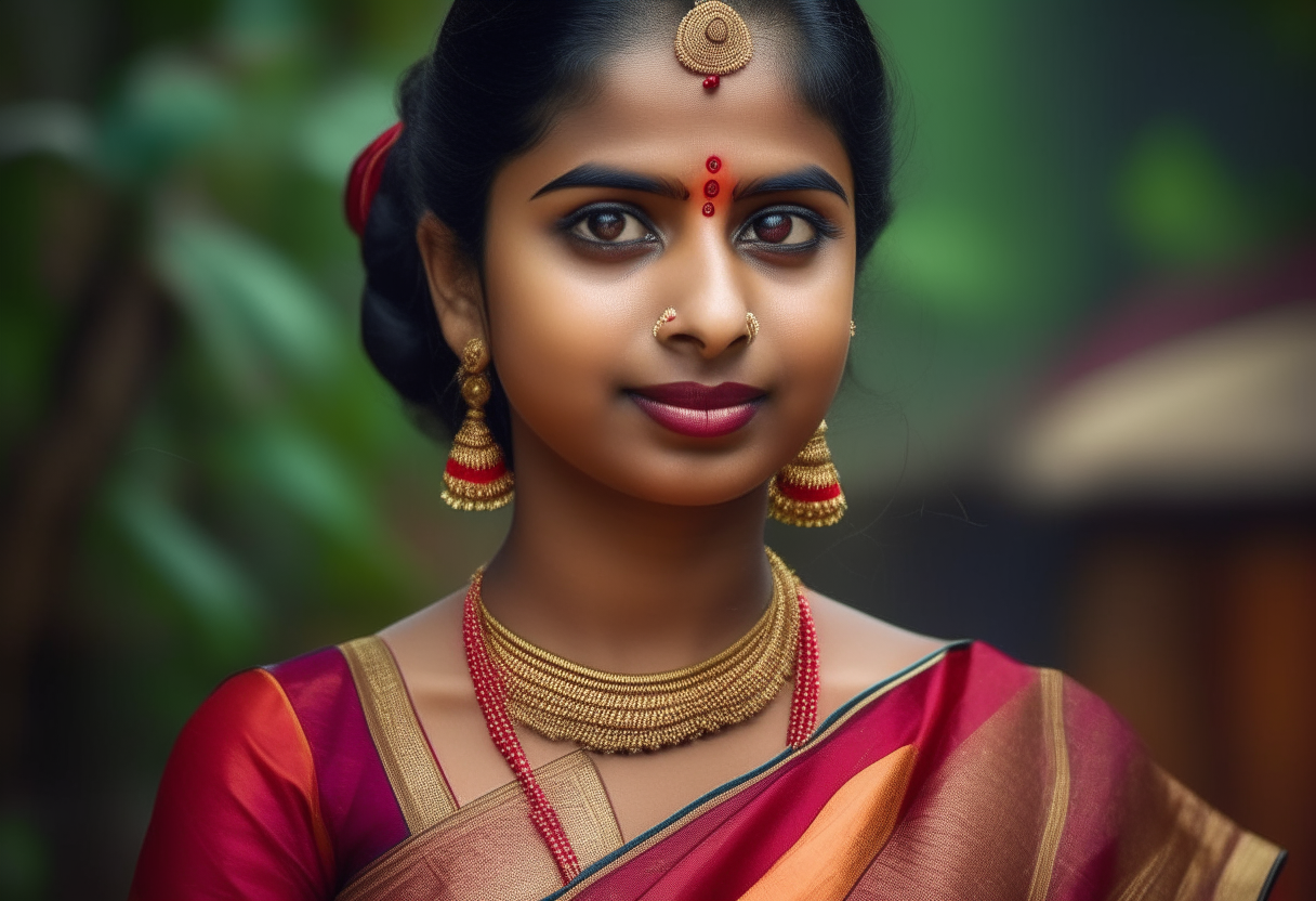 beautifully captures the essence of a Kerala lady news reader in traditional attire. It paints a vivid picture of her elegance, adorned with vibrant attire and intricate ornaments, complemented by her graceful demeanor and long, well-styled hair. The mention of her fair complexion further emphasizes the traditional beauty often celebrated in Kerala's cultural context. Overall, it sets the scene for a captivating visual representation of Kerala's rich heritage and aesthetics.



