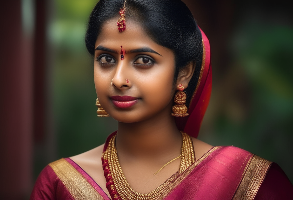 beautifully captures the essence of a Kerala lady news reader with full head in traditional attire. It paints a vivid picture of her elegance, adorned with vibrant attire and intricate ornaments, complemented by her graceful demeanor and long, well-styled hair. The mention of her fair complexion further emphasizes the traditional beauty often celebrated in Kerala's cultural context. Overall, it sets the scene for a captivating visual representation of Kerala's rich heritage and aesthetics.