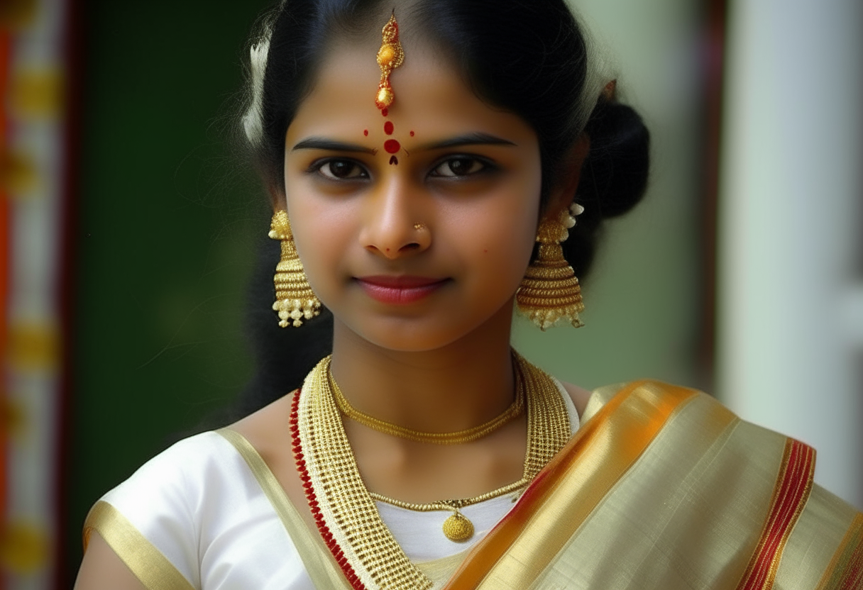 Dress her in a traditional Kerala saree or set mundu, which are often worn by women in Kerala. These garments come in various colors and patterns, but for your description, you might opt for one with lighter shades to complement her fair skin tone.

Ornaments: Adorn her with traditional Kerala ornaments such as earrings (jhumkas), necklaces, bangles, and anklets. These ornaments typically feature intricate designs and are made of materials like gold, silver, or imitation jewelry.

Hairstyle: Style her long hair in a traditional Kerala manner, which could be a braid adorned with flowers or hair accessories. Long hair is often considered a symbol of beauty in Kerala culture.

Facial Features: Consider the facial features typically associated with Kerala women, such as almond-shaped eyes, a straight or slightly curved nose, and full lips.

Expression: Depending on the context of your image, you can depict her with a warm and welcoming expression, reflecting the hospitality often associated with Kerala culture.