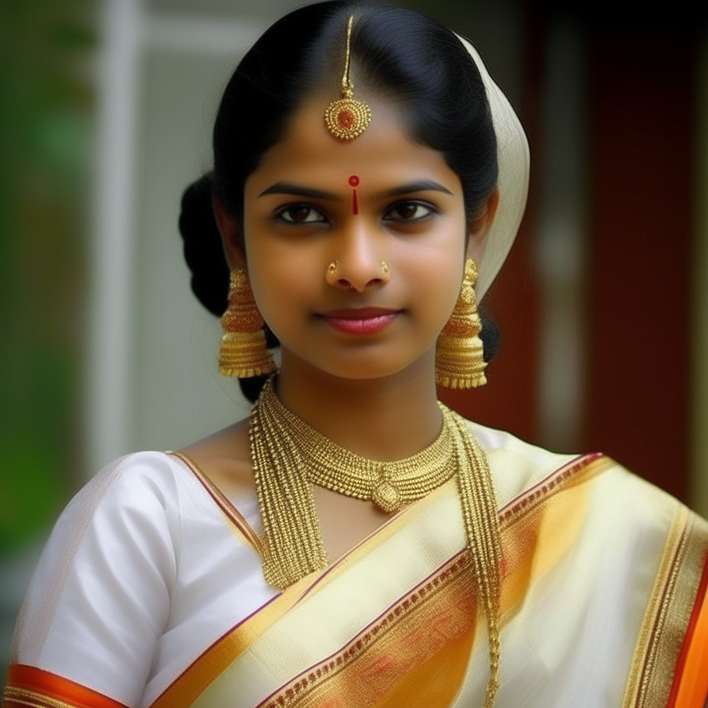 Dress her in a traditional Kerala saree or set mundu, which are often worn by women in Kerala. These garments come in various colors and patterns, but for your description, you might opt for one with lighter shades to complement her fair skin tone.

Ornaments: Adorn her with traditional Kerala ornaments such as earrings (jhumkas), necklaces, bangles, and anklets. These ornaments typically feature intricate designs and are made of materials like gold, silver, or imitation jewelry.

Hairstyle: Style her long hair in a traditional Kerala manner, which could be a braid adorned with flowers or hair accessories. Long hair is often considered a symbol of beauty in Kerala culture.

Facial Features: Consider the facial features typically associated with Kerala women, such as almond-shaped eyes, a straight or slightly curved nose, and full lips.

Expression: Depending on the context of your image, you can depict her with a warm and welcoming expression, reflecting the hospitality often associated with Kerala culture.