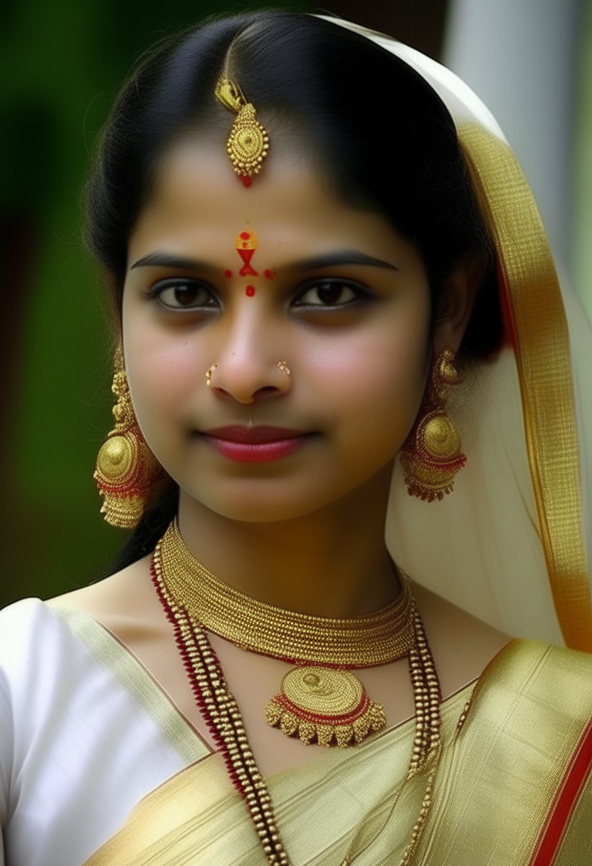 Dress her in a traditional Kerala saree or set mundu, which are often worn by women in Kerala. These garments come in various colors and patterns, but for your description, you might opt for one with lighter shades to complement her fair skin tone.

Ornaments: Adorn her with traditional Kerala ornaments such as earrings (jhumkas), necklaces, bangles, and anklets. These ornaments typically feature intricate designs and are made of materials like gold, silver, or imitation jewelry.

Hairstyle: Style her long hair in a traditional Kerala manner, which could be a braid adorned with flowers or hair accessories. Long hair is often considered a symbol of beauty in Kerala culture.

Facial Features: Consider the facial features typically associated with Kerala women, such as almond-shaped eyes, a straight or slightly curved nose, and full lips.

Expression: Depending on the context of your image, you can depict her with a warm and welcoming expression, reflecting the hospitality often associated with Kerala culture.