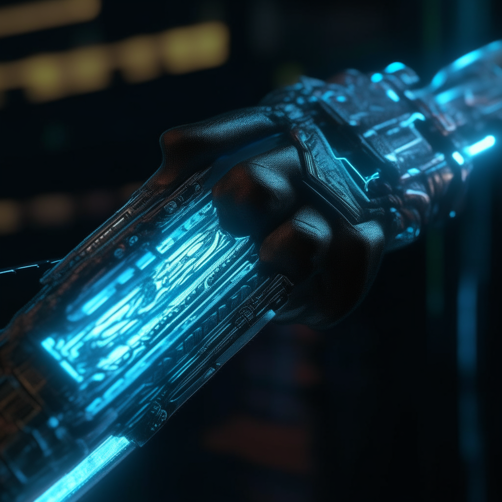 A close-up view of a cyberpunk warrior's hand holding an azure glowing energy blade, sharp edges and intricate nanopixel patterns cover the high-tech weapon