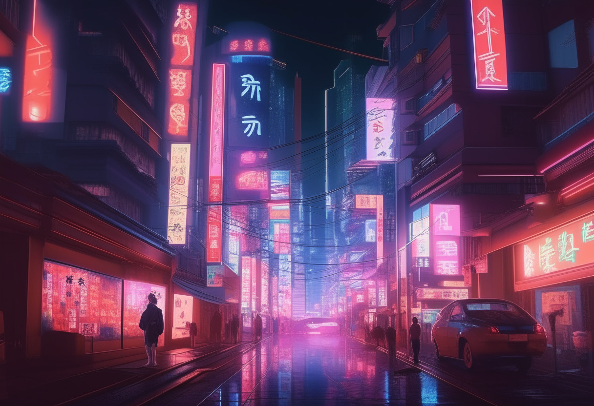 A bustling neon-lit street in a futuristic Tokyo metropolis at night, with towering megacorporation logos glowing in the distance and pedestrians in cyberpunk fashion walking alongside hovering advertisements