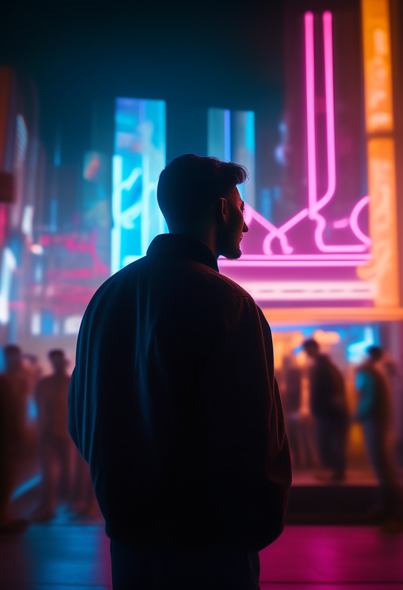 A person standing alone gazing up at a glowing neon sign, immersed in thought as crowds pass by unaware in a futuristic metropolis under bright city lights