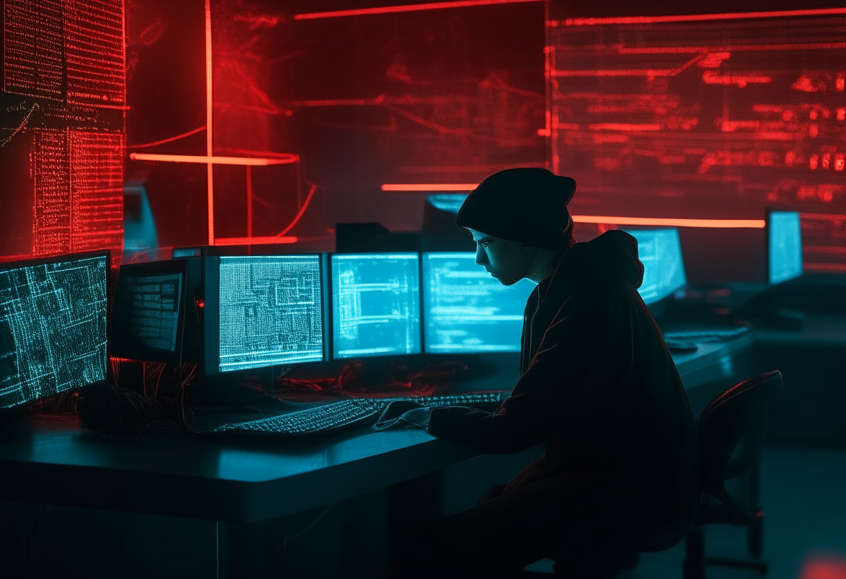 A hacker sits immersed in code at a dimly lit terminal, unaware that security drones have been dispatched in response to their infiltration attempt. Red warning lights flash as the drones close in.