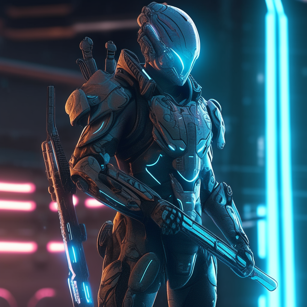 A cyberpunk warrior stands ready, their energy blade glowing with azure light that illuminates intricate nanopixel patterns across their high-tech armor