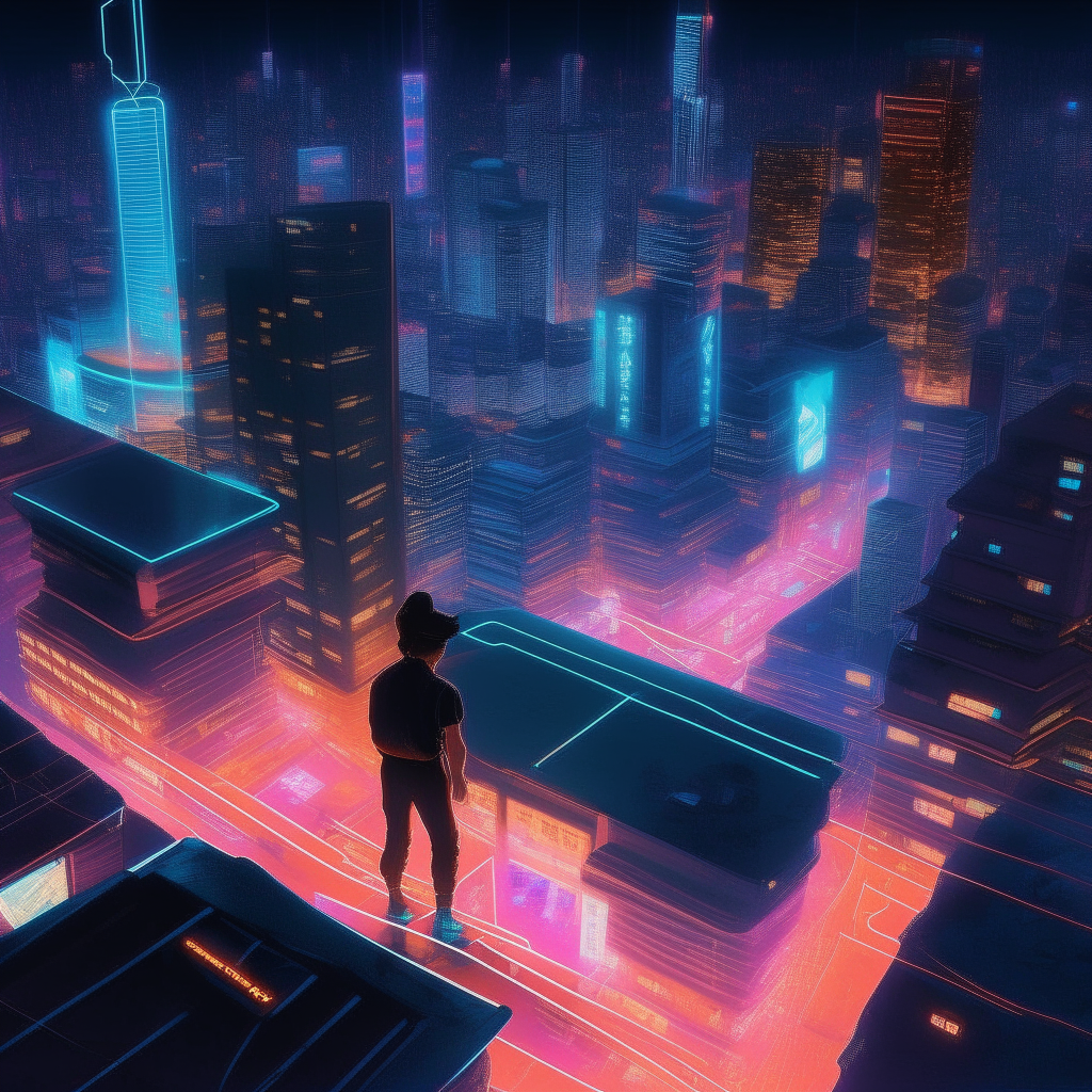 An aerial view of a futuristic neon-lit city at night, with a lone figure standing on a rooftop overlooking the glowing grid of streets and towering megacorporation signs below