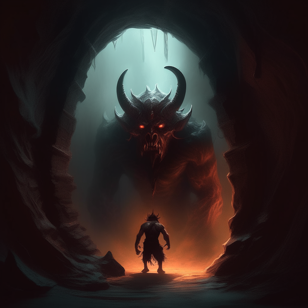 a detailed digital painting of an ominous horned demon emerging from a portal into a fantasy world, trending on artstation