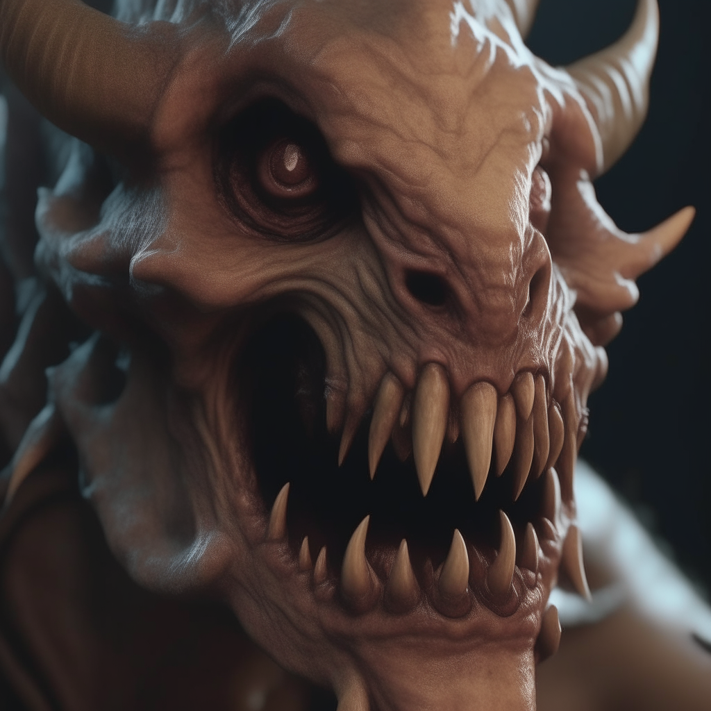 a photo-realistic image of a scary horned monster with sharp teeth, 4k rendering