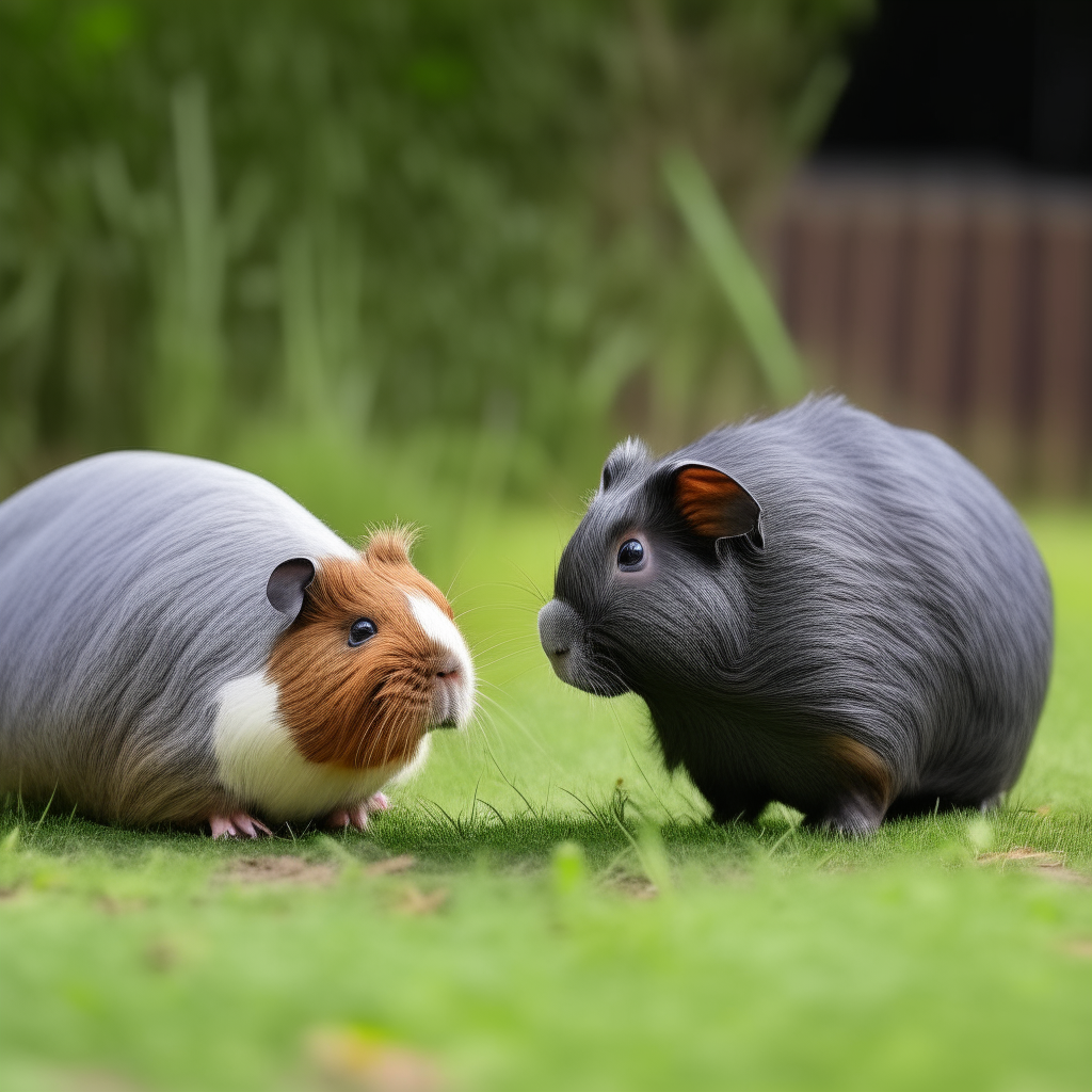 a guinea pig walking on  on grass  meets a grey guinea pig