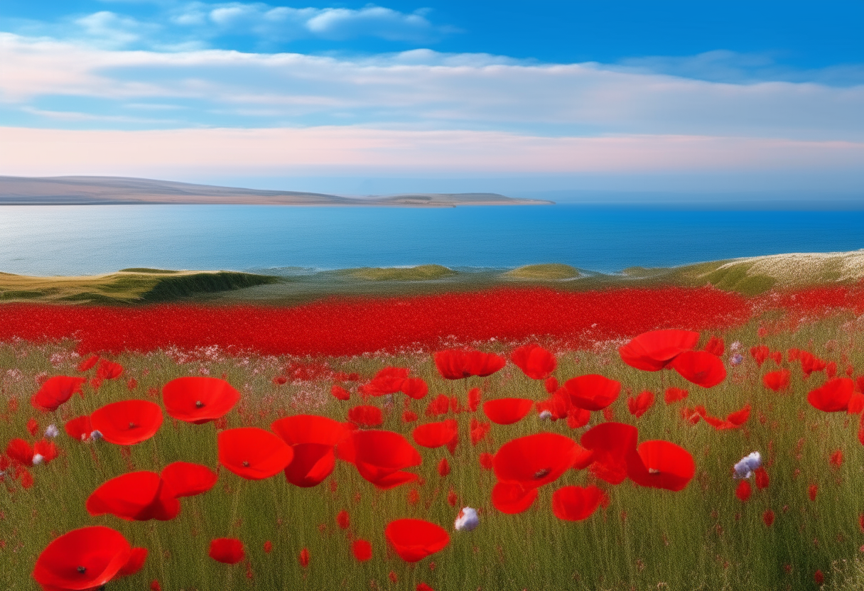 a field of red poppies with the ocean behind a scenic landscape with red poppies and blue ocean